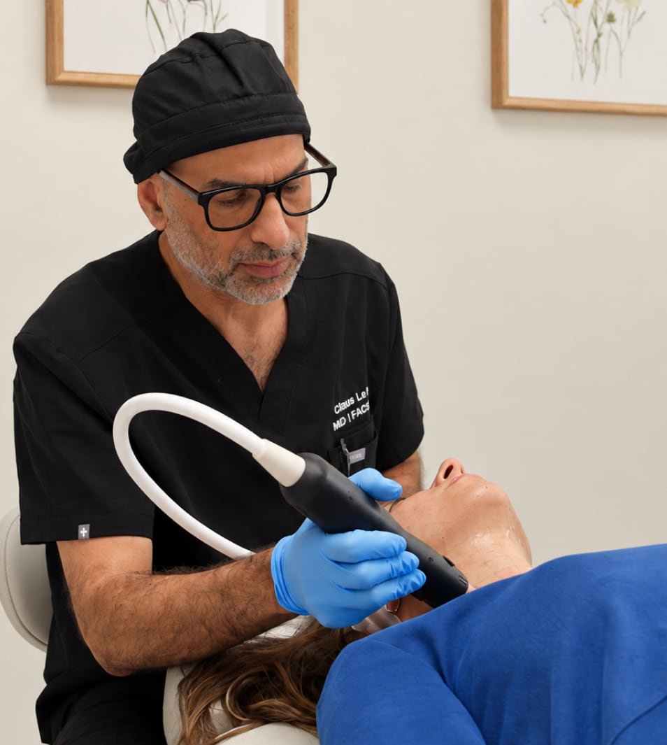 A clinician guiding a radiofrequency microneedling handpiece across a patient’s cheek