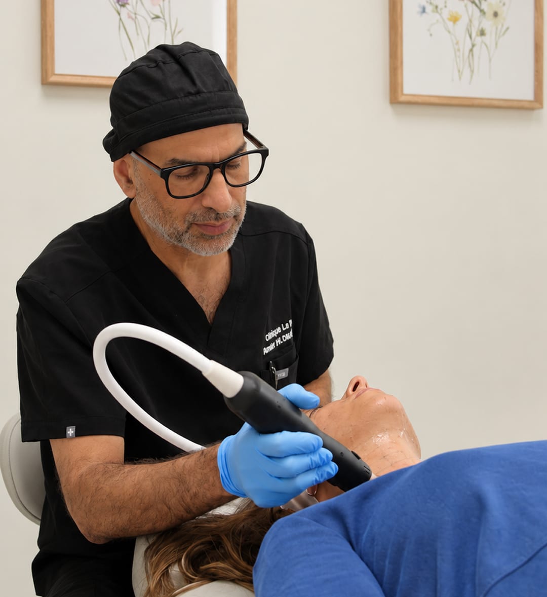 Dr. Nawar Al-Obaidi treating a patient’s face with a handpiece at Clinique La Roya