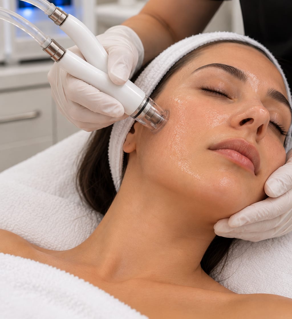 A provider guiding a DiamondGlow wand across a patient’s cheek