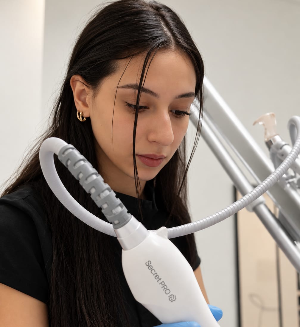 A clinician holding a Secret RF handpiece during a treatment at Clinique La Roya